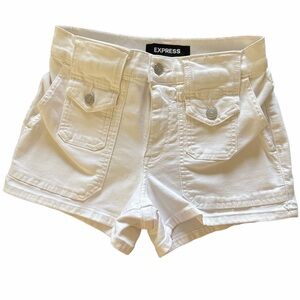 Express White 0 Denim Shortie Mid-Rise Cargo Cuffed Stretch Shorts